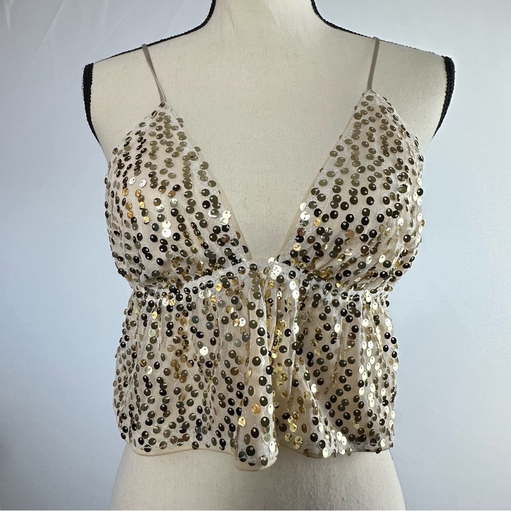 DOUBLE CRAZY Champagne Sequin Sparkle Top - size Medium